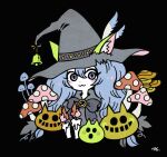  1girl :3 animal_ears bell black_background blue_eyes blue_hair bow bowtie candle cat_ears cat_girl fire garouma grey_bow grey_bowtie grey_headwear hair_between_eyes hat highres leaf long_hair original portrait signature simple_background solo witch_hat 