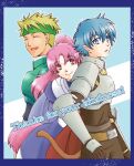  1girl 2boys armor black_gloves blonde_hair blue_dress blue_eyes blue_hair dorne_murtough dress english_text gloves green_headband headband kano_lucv long_hair millie_chliette multiple_boys pink_hair pointy_ears red_eyes roddick_farrence short_hair smile standing star_ocean star_ocean_first_departure tail 