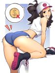  1girl arm_support ass baseball_cap black_eyes black_hair coin denim denim_shorts dyun from_side gold_coin grin hat heart high_ponytail highres hilda_(pokemon) implied_prostitution leaning_forward poke_ball poke_ball_(basic) pokemon pokemon_bw shoes short_shorts shorts sidelocks smile solo spoken_object sweat tank_top teeth thighs white_tank_top 