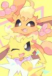  2022 absurd_res ambiguous_gender blue_eyes chromatic_aberration cute_fangs digital_media_(artwork) duo eeveelution feral flareon fur generation_1_pokemon hi_res jolteon kemono looking_at_viewer neck_tuft nintendo one_eye_closed open_mouth orange_body orange_fur pawpads paws pokemon pokemon_(species) red_eyes salmon_no_kaori tan_body tan_fur tongue tuft white_body white_fur wink yellow_body yellow_fur 