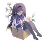 1girl akemi_homura argyle argyle_legwear black_hairband blood blood_on_clothes blood_on_hands boots box capelet cardboard_box closed_eyes expressionless flower full_body hairband highres holding holding_flower impaled in_box in_container jacket knees_up leaf long_hair mahou_shoujo_madoka_magica mahou_shoujo_madoka_magica_(anime) neck_ribbon nekofeiyuuuu pink_flower purple_capelet purple_flower purple_footwear purple_hair purple_skirt ribbon self-harm simple_background sitting skirt solo stab thigh_boots white_background yellow_jacket 