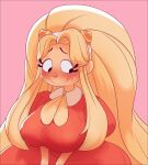  absurd_res big_breasts black_eyes blonde_hair blush bodily_fluids breasts clothing dr._pizza_boi dress female hair hi_res horn julie_joyful monster orange_body orange_skin pink_background puppet simple_background smile sweat welcome_home 