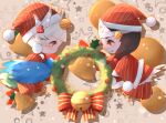  1boy 1girl absurdres bell bird_footprints bird_legs black_hair brown_background brown_eyes chibi christmas christmas_wreath doujo_(onmyoji) full_body hat highres long_hair long_sleeves oguna_(onmyoji) onmyoji pants profile red_headwear red_pants red_skirt santa_costume santa_hat skirt striped striped_headwear striped_pants striped_skirt vertical-striped_headwear vertical-striped_pants vertical-striped_skirt vertical_stripes white_hair wide_sleeves wings yi_er_san 