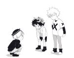  3boys aged_down bakugou_katsuki ball boku_no_hero_academia child freckles full_body greyscale hands_on_own_knees hat highres holding holding_ball hood hood_down hoodie jessiejjjj layered_sleeves long_sleeves looking_at_another male_child male_focus midoriya_izuku monochrome multiple_boys open_mouth pants print_shirt shirt shoes short_hair short_over_long_sleeves short_sleeves shorts simple_background spiked_hair squatting standing tears todoroki_shouto white_background 