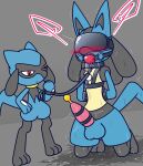  00freeze00 ball_gag bdsm blindfold bodily_fluids bondage bound gag generation_4_pokemon genital_fluids genitals hi_res leash lucario male male/male nintendo penis pokemon pokemon_(species) precum riolu saliva size_difference small_dom_big_sub sweat urethral 