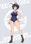  1girl absurdres animal_ears black_hair black_socks blue_one-piece_swimsuit blush brave_witches breasts character_name cleavage closed_mouth covered_navel hand_on_own_hip highres large_breasts looking_at_viewer one-piece_swimsuit rabbit_ears red_eyes shimohara_sadako shiny_skin short_hair socks solo swimsuit tricky_46 world_witches_series 