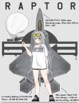  1girl aircraft airplane artist_name atamonica balloon black_footwear black_shorts blush english_commentary english_text eyewear_on_head f-22_raptor fighter_jet full_body green_eyes grey_background grey_hair highres jet long_hair looking_at_viewer military military_vehicle original shirt shoes short_sleeves shorts simple_background sneakers solo standing sunglasses t-shirt white_shirt 