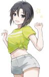  1girl :d antenna_hair black_eyes black_hair blush breasts commentary cowboy_shot curled_fingers double_horizontal_stripe green_shirt hair_between_eyes hands_up idolmaster idolmaster_(classic) kikuchi_makoto looking_at_viewer midriff mogskg navel open_mouth shirt short_hair short_shorts short_sleeves shorts simple_background small_breasts smile solo standing star_(symbol) t-shirt tied_shirt w_arms white_background white_shorts 