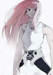  1girl bare_shoulders black_eyes breasts collarbone commentary_request frown highres j_may57 konjiki_no_gash!! konjiki_no_gash!!_2 large_breasts long_hair pants partially_colored pink_hair simple_background solo tank_top tio_(konjiki_no_gash!!) white_background white_pants white_tank_top 