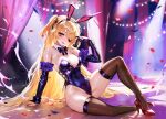  1girl bare_shoulders black_ribbon blonde_hair blush bow bowtie breasts collar eyepatch fischl_(genshin_impact) foolish_potato genshin_impact gloves green_eyes hair_over_one_eye hair_ribbon highres leotard long_hair looking_at_viewer medium_breasts open_mouth playboy_bunny purple_bow ribbon smile solo thighhighs two_side_up 