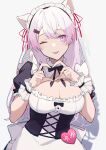  1girl animal_ears breasts cat_ears cleavage corset fujikiri_yana heart heart_hands highres large_breasts long_hair maid maid_headdress name_tag nijisanji one_eye_closed pink_eyes pink_hair shiina_yuika tongue tongue_out virtual_youtuber wrist_cuffs 