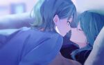  2girls aqua_hair bang_dream! blue_shirt closed_eyes green_eyes hikawa_hina hikawa_sayo imminent_kiss incest long_hair medium_hair multiple_girls pillow profile shirt siblings sisters sleeping toto_(sa-dosama) twincest twins under_covers yuri 