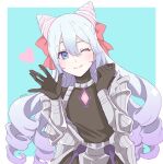  1boy armor black_gloves black_shirt blue_eyes blue_hair closed_mouth cone_hair_bun drill_hair fire_emblem fire_emblem_engage gloves hair_bun hair_ribbon highres light_smile long_hair looking_at_viewer mojakkoro one_eye_closed otoko_no_ko ribbon rosado_(fire_emblem) shirt shoulder_armor simple_background solo 