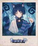  1boy alice_in_wonderland animal_ears bell black_nails cat_boy cat_ears cat_tail cheshire_cat_(alice_in_wonderland) cheshire_cat_(alice_in_wonderland)_(cosplay) cosplay extra_ears genshin_impact highres japanese_clothes long_sleeves looking_at_viewer male_focus neck_bell nekojinnyart purple_eyes purple_hair red_eyeliner scaramouche_(genshin_impact) short_hair smile smirk solo tail 