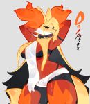  anthro big_breasts black_body black_fur bottomwear breasts canid canine cleavage clothed clothing delphox female fur generation_6_pokemon hair hi_res huge_breasts huge_hips huge_thighs inner_ear_fluff leather_choker long_hair looking_at_viewer mammal multicolored_body multicolored_fur navel nintendo nipples pink_nipples pokemon pokemon_(species) red_body red_eyes red_fur simple_background solo standing thick_thighs togetoge tuft white_body white_fur wide_hips yellow_body yellow_fur 