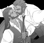  2boys bara beard black_background closed_eyes collared_shirt couple cowboy_hat facial_hair feet_out_of_frame forked_eyebrows from_side graves_(league_of_legends) greyscale hair_slicked_back hat karipaku kiss league_of_legends long_hair male_focus mature_male monochrome multiple_boys muscular muscular_male mustache necktie necktie_grab neckwear_grab partially_unbuttoned shirt short_hair sitting standing thick_eyebrows twisted_fate yaoi 
