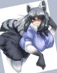  absurd_res animal_humanoid arai-san big_breasts blush bottomwear bow_tie breasts brown_eyes clothed clothing dipstick_tail fangs female fur_collar gloves handwear hi_res huge_breasts humanoid kemono_friends legwear mammal mammal_humanoid markings open_mouth pantyhose paw_pose pose procyonid procyonid_humanoid raccoon_humanoid shirt skirt solo striped_markings striped_tail stripes tail tail_markings teeth topwear urisaba 