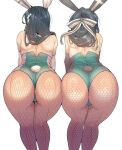  2girls animal_ears ass back black_hair commission detached_collar elbow_gloves fake_animal_ears fake_tail fishnet_pantyhose fishnets from_behind gloves hair_ornament hair_ribbon highres leotard long_hair mahouka_koukou_no_rettousei multiple_girls pantyhose pixiv_commission playboy_bunny rabbit_ears red_eyes ribbon saegusa_mayumi shiba_miyuki tail thighs wakura_(gcdan) 