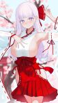 1girl absurdres armpits azur_lane blunt_bangs blurry blurry_background blush breasts cherry_blossoms closed_mouth covered_navel cowboy_shot detached_sleeves flower hair_flower hair_ornament hakama hakama_skirt hands_up highres hip_vent japanese_clothes large_breasts light_purple_hair long_hair looking_at_viewer miko mixed-language_commentary multicolored_hair plymouth_(azur_lane) purple_eyes qingyuexin red_hakama sideboob skirt smile solo streaked_hair torii wide_sleeves 