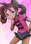  1girl blue_shorts brown_hair cowboy_shot dark-skinned_female dark_skin eyelashes green_eyes hand_on_own_hip highres kotobukkii_(yt_lvlv) long_hair looking_at_viewer pink_shirt pokemon pokemon_(game) pokemon_xy shauna_(pokemon) shirt short_shorts short_sleeves shorts smile solo 