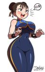  !? 1girl :d absurdres bare_shoulders blush bodysuit bracelet breasts brown_eyes brown_hair chun-li covered_navel cowboy_shot double_bun drooling food hair_bun hair_ribbon heart heart-shaped_pupils highres jewelry large_breasts maydaykiki ribbon simple_background smile solo speech_bubble spiked_bracelet spikes street_fighter symbol-shaped_pupils teeth upper_teeth_only white_background wide_hips 