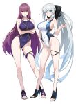  2girls absurdres alternate_costume ass_visible_through_thighs black_footwear blue_eyes blue_one-piece_swimsuit breasts competition_swimsuit covered_navel crossed_arms fate/grand_order fate_(series) hair_ornament halcon hand_on_own_hip heart high_heels highres large_breasts long_hair looking_at_viewer morgan_le_fay_(fate) multiple_girls one-piece_swimsuit purple_hair purple_one-piece_swimsuit red_eyes scathach_(fate) smile swimsuit thigh_strap thighs toeless_footwear very_long_hair white_background white_hair 