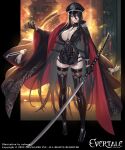  artist_name between_breasts black_hair breasts cape cleavage closed_mouth commentary_request company_connection copyright_name cuboon epaulettes evertale full_body gat_(korean_traditional_hat) gloves hat highres holding holding_sword holding_weapon katana large_breasts lips logo long_hair long_sleeves looking_at_viewer official_art peaked_cap red_eyes shiny_skin smile sword thighhighs thighs very_long_hair weapon 
