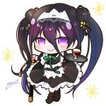  1girl :&gt; black_footwear black_hair blush chibi closed_mouth commentary_request cup double_bun dress drink drinking_glass frilled_dress frills full_body green_ribbon hair_bun holding holding_sword holding_tray holding_weapon long_hair maid_headdress purple_eyes ribbon sheath sheathed shichiseiken_(tenka_hyakken) simple_background smile solo sword tenka_hyakken tray tubasa49 twintails twitter_username weapon 