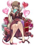 1girl balloon bow box breasts brown_eyes brown_gloves brown_hair cleavage cloak dress elbow_gloves flower full_body fur-trimmed_cloak fur_trim gate_of_nightmares gift gift_box gloves hair_flower hair_ornament heart-shaped_box heart_balloon high_heels highres holding holding_gift large_breasts looking_at_viewer mashima_hiro mei_fang_(gate_of_nightmares) official_alternate_costume official_art red_bow red_dress red_flower red_footwear red_ribbon red_rose ribbon rose short_hair silver_ribbon sitting solo strapless strapless_dress valentine 