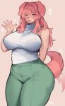  anthro big_breasts bottomwear breasts canid canine canis clothed clothing curvy_figure domestic_dog eyewear fangs female floppy_ears fur gesture glasses green_eyes hair hand_behind_back hi_res kemono looking_at_viewer mammal open_mouth open_smile pants red_body red_fur red_hair simple_background sleeveless sleeveless_topwear sleeveless_turtleneck smile solo suurin_2 sweater tail tail_motion tailwag teeth topwear turtleneck waving waving_at_viewer wide_hips yellow_background 