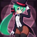  1girl a-ktoo alternate_hairstyle aqua_eyes aqua_hair black_thighhighs bow cane fishnet_pantyhose fishnets gloves hair_between_eyes hat hat_tip hatsune_miku leotard light_blush magician pantyhose ponytail smile solo spotlight striped striped_bow tailcoat thighhighs top_hat vocaloid white_gloves wide_hips 