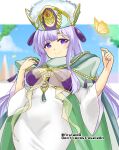  1girl alternate_costume arm_up breasts bug butterfly cape circlet dress fire_emblem fire_emblem:_genealogy_of_the_holy_war fire_emblem_heroes hat julia_(fire_emblem) julia_(scion)_(fire_emblem) long_hair official_alternate_costume purple_eyes purple_hair see-through solo yukia_(firstaid0) 