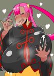  1girl alternate_breast_size blush breast_hold breasts cleavage curvy dark-skinned_female dark_skin highres huge_breasts lactation lactation_through_clothes large_breasts nintendo pink_eyes pink_hair pokemon punk_girl_(pokemon) sharp_teeth sweat teeth tongue tongue_out 