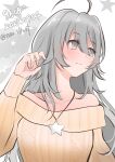  1girl ahoge artist_name dated eiji_(monochromexd) grey_eyes grey_hair highres jewelry kantai_collection long_hair looking_to_the_side necklace off-shoulder_sweater off_shoulder one-hour_drawing_challenge pendant solo star_(symbol) starry_background sweater twitter_username upper_body washington_(kancolle) 