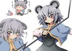  1girl animal_ears barefoot basket chibi collage commentary_request ears_down eating food hidefu_kitayan highres holding holding_food looking_at_viewer mouse mouse_ears mouse_girl mouse_tail nazrin simple_background sitting smile solo tail touhou upper_body white_background wide_oval_eyes 