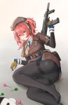  absurdres ahoge beret blush breasts candy expressionless feet_out_of_frame food girls&#039;_frontline girls&#039;_frontline_2:_exilium gloves gun h&amp;k_mp7 hair_ornament hairclip hat highres jacket lollipop looking_at_viewer medium_breasts medium_hair mp7_(girls&#039;_frontline) no_shoes pantyhose red_hair shen_yangyang side_ponytail solo submachine_gun thighband_pantyhose trigger_discipline weapon yellow_eyes 
