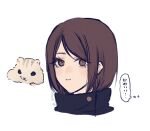  1girl animal black_jacket brown_eyes brown_hair closed_mouth hamster ieiri_shoko jacket jujutsu_kaisen looking_at_viewer n3dayo portrait short_hair simple_background thought_bubble white_background 