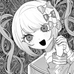  1girl :d bow chouzetsusaikawa_tenshi-chan commentary greyscale hair_bow hair_ornament hands_up heart heart_hair_ornament highres hirumanoinu long_hair long_sleeves monochrome needy_girl_overdose open_mouth own_hands_together quad_tails sailor_collar smile solo symbol-only_commentary twintails upper_body 