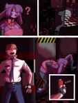  absolute_territory anthro bent_over big_breasts bonnie_(cally3d) breasts cleavage clothed clothing comic confusion door duo ears_down faceless_character faceless_male female fingerless_gloves five_nights_at_freddy&#039;s fur gloves gryvvath handwear hi_res human inside male mammal necktie pivoted_ears purple_body purple_fur question_mark scared scottgames scut_tail short_tail standing tail thick_thighs wide_hips 