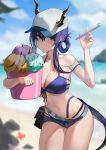  1girl arknights bikini blue_bikini blue_hair blue_sky breasts ch&#039;en_(arknights) cleavage cloud commentary cowboy_shot day dragon_horns dragon_tail female_tourist_c_(arknights) food grey_shorts highres holding horns horns_through_headwear ice_cream large_breasts long_hair looking_at_viewer maanu micro_shorts navel outdoors red_eyes shorts sky solo standing stomach swimsuit tail thighs 