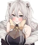  1girl ahoge animal_ears bare_shoulders black_jacket black_shirt blush breasts cleavage crop_top disembodied_limb embarrassed fur-trimmed_jacket fur_trim grey_eyes grey_hair hair_between_eyes hands_on_another&#039;s_face hololive jacket jewelry large_breasts lion_ears lion_girl long_hair looking_at_viewer necklace off_shoulder open_clothes open_jacket pout puffy_cheeks see-through see-through_cleavage shirt shishiro_botan shishiro_botan_(1st_costume) sidelocks simple_background sleeveless sleeveless_shirt solo standing two_side_up virtual_youtuber white_background yuya_(yuya_illust) 