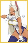  1girl animal_ears bare_shoulders blush boku_no_hero_academia border breasts crescent_print d: dark-skinned_female dark_skin flowers-imh fur_collar gloves hand_on_own_thigh hand_up highleg highleg_leotard highres large_breasts leaning_forward leotard long_eyelashes long_hair looking_to_the_side mirko parted_bangs purple_thighhighs rabbit_ears rabbit_girl rabbit_tail red_eyes sleeveless_turtleneck_leotard solo sweat tail taut_leotard teeth thighhighs thighs toned upper_teeth_only very_long_hair white_background white_gloves white_hair white_leotard yellow_border 