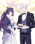 00quanta 1boy 1girl absurdres black_suit blue_eyes blurry blurry_background bow bowtie cake cake_slice collared_shirt couple dress food glasses hair_between_eyes hand_on_own_chest highres holding holding_plate honkai_(series) honkai_impact_3rd kevin_kaslana looking_at_another mei_(honkai_impact) plate ponytail purple_eyes purple_hair shirt standing suit white_bow white_dress white_hair 