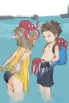  1boy 1girl absurdres angry animal animal_ear_fluff animal_ears animal_on_head ass backpack bag brown_hair cat_ears chest_jewel daible dress gloves grey_hair highres holding holding_animal leaning_forward male_swimwear nia_(fancy_sundress)_(xenoblade) nia_(xenoblade) octopus official_alternate_costume on_head open_mouth partially_submerged pout rex_(cloud_sea_shark)_(xenoblade) rex_(xenoblade) sundress swim_trunks water wet xenoblade_chronicles_(series) xenoblade_chronicles_2 