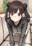 1girl all_fours bare_legs black_footwear blush brown_hair couch dolphin_shorts double_bun hair_bun highres idolmaster idolmaster_shiny_colors indoors long_sleeves looking_at_viewer on_couch shorts side_slit solo sonoda_chiyoko syhan twintails 