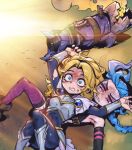  2girls armpits bare_shoulders black_bodysuit blonde_hair blue_eyes blush bodysuit boobplate braid breasts bruise dirty dirty_face frown gem green_hair hairband holding holding_weapon injury jinx_(league_of_legends) knees_up league_of_legends long_hair long_sleeves lux_(league_of_legends) lying lying_on_person medium_breasts medium_hair multiple_girls on_stomach parted_bangs phantom_ix_row pink_eyes pink_thighhighs rocket_launcher sand shiny_clothes shoes single_thighhigh smoke surprised sweatdrop teeth thighhighs torn_bodysuit torn_clothes weapon 