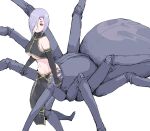  1girl arachne arthropod_girl arthropod_limbs black_gloves breasts closed_mouth elbow_gloves extra_eyes gloves hair_over_one_eye large_breasts loincloth long_hair monster_girl monster_musume_no_iru_nichijou purple_hair rachnera_arachnera red_eyes simple_background smile solo spider_girl taur underboob white_background yumeaso 