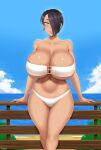  1girl bandeau beach bikini black_hair blue_eyes breasts cleavage cloud cloudy_sky fence gigantic_breasts hair_over_one_eye heart highres navel ocean original pinup_(style) resting sand saya_(twrlare) shiny_skin short_hair sky smile swimsuit tan thighs twrlare water white_bandeau white_bikini wide_hips 