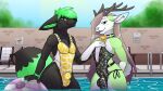  absurd_res anthro antlers balls bulge canid canine clothed clothing costume digital_media_(artwork) duo fox fur genitals hair hi_res horn hybrid jay male male/male mammal marvelous_managerie minty open_mouth outside pool smile smiles swimming tail water 