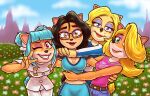  4girls black_hair blonde_hair blue_eyes blue_hair blue_shorts blue_sky blue_sports_bra breasts brown_eyes cleavage crash_bandicoot_(series) denim furry furry_female glasses grass green_eyes highres jeans liz_bandicoot looking_at_viewer luchosfactory medium_hair megumi_(crash_bandicoot) multiple_girls one_eye_closed outdoors pants pink_eyes pink_shirt shirt shorts sky sports_bra tawna_bandicoot v white_pants white_shirt 